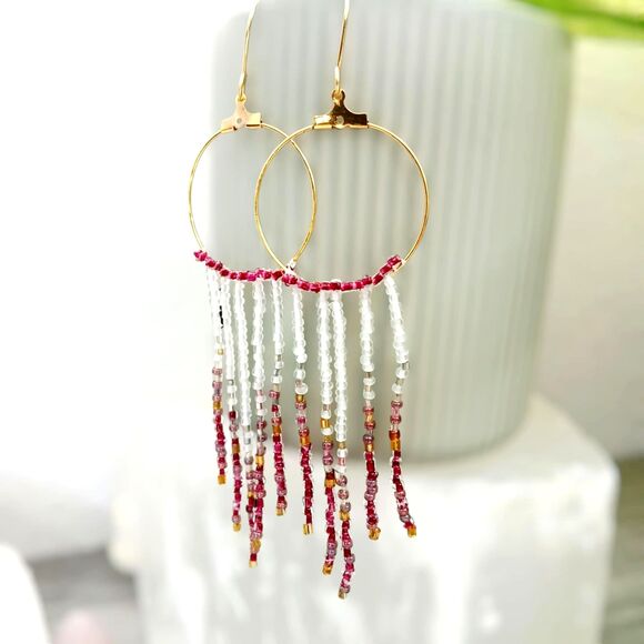 Boho Chic Seed Bead Fringe Tassel Hoop Dangle Earrings, Statement Artisan - Picture 1 of 6